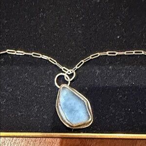 Elegant Silver paperclip necklace with Blue sea glass pendant